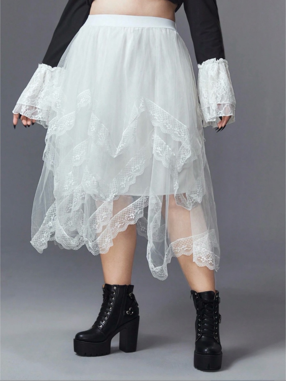 White Lace High-Low Tulle Midi Skirt - Women
